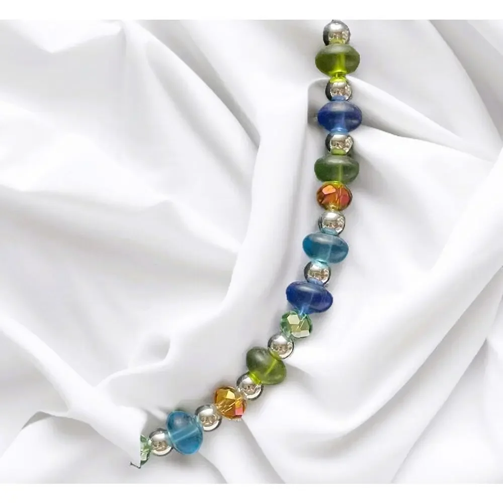 Frosted Sea Glass, Iridescent Crystal, Silver Ball Beaded Loop Link Necklace